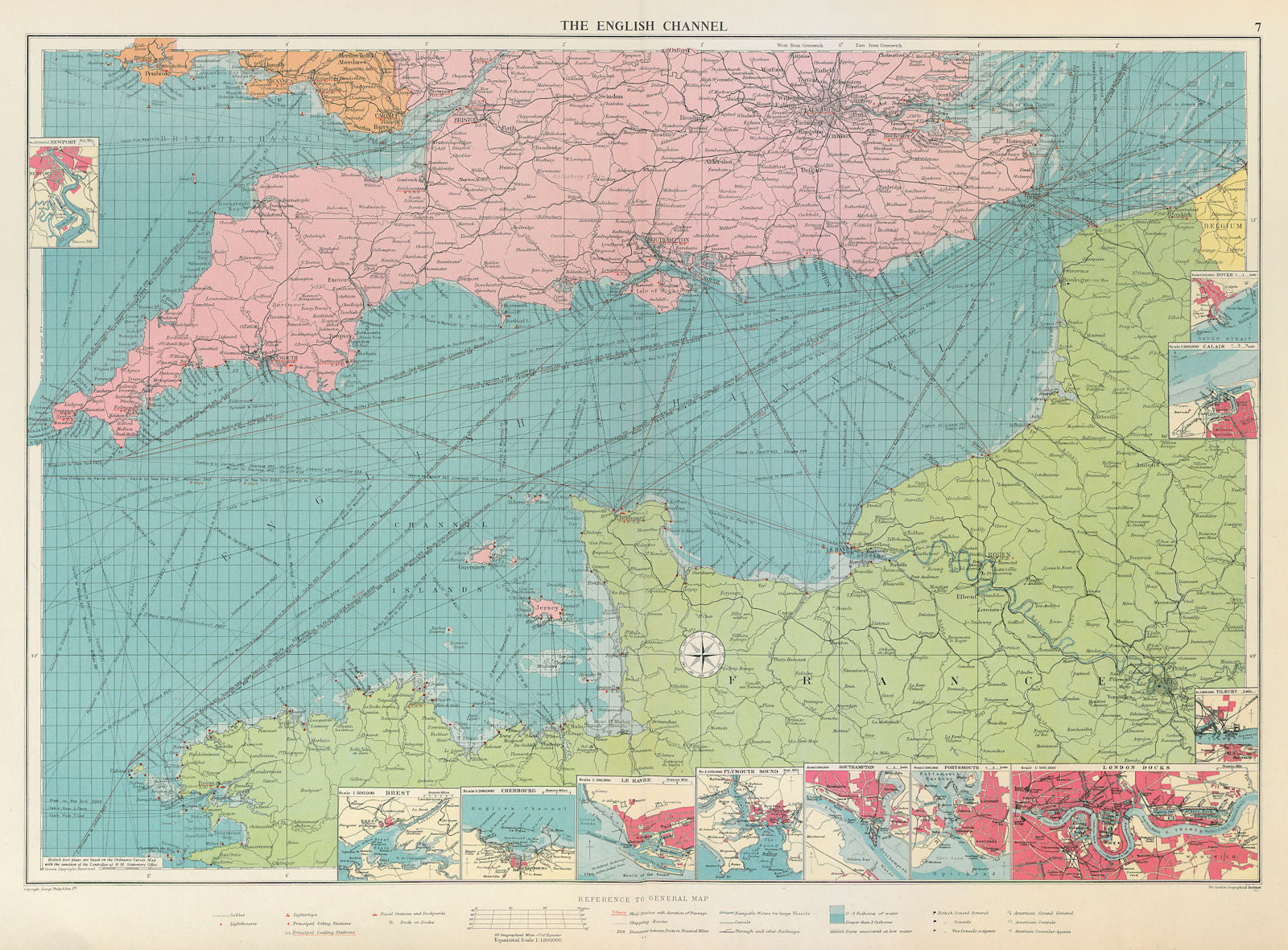 English Channel sea chart. Ports lighthouses mail routes. LARGE 1959 old map